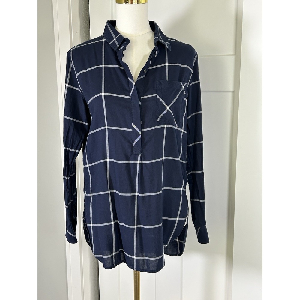 Athleta Presidio Tunic Womens S Navy White Windowpane Plaid Cotton Popover